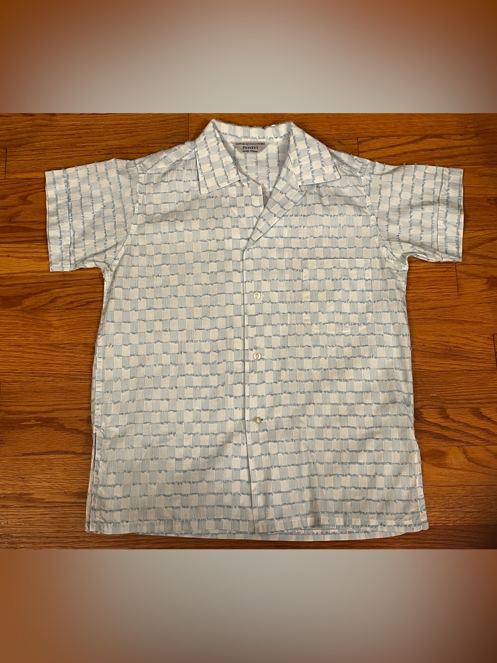 Vintage 1950s Penney's Eyelasy Weave Camp Shirt Light Blue Clip Rockabilly S